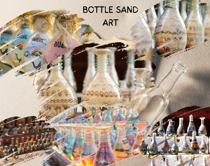 Bottle sand art in different types of designs in bottles.