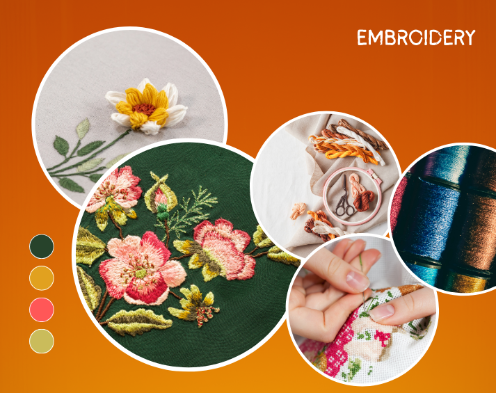 Embroidery work in different types of flowers.