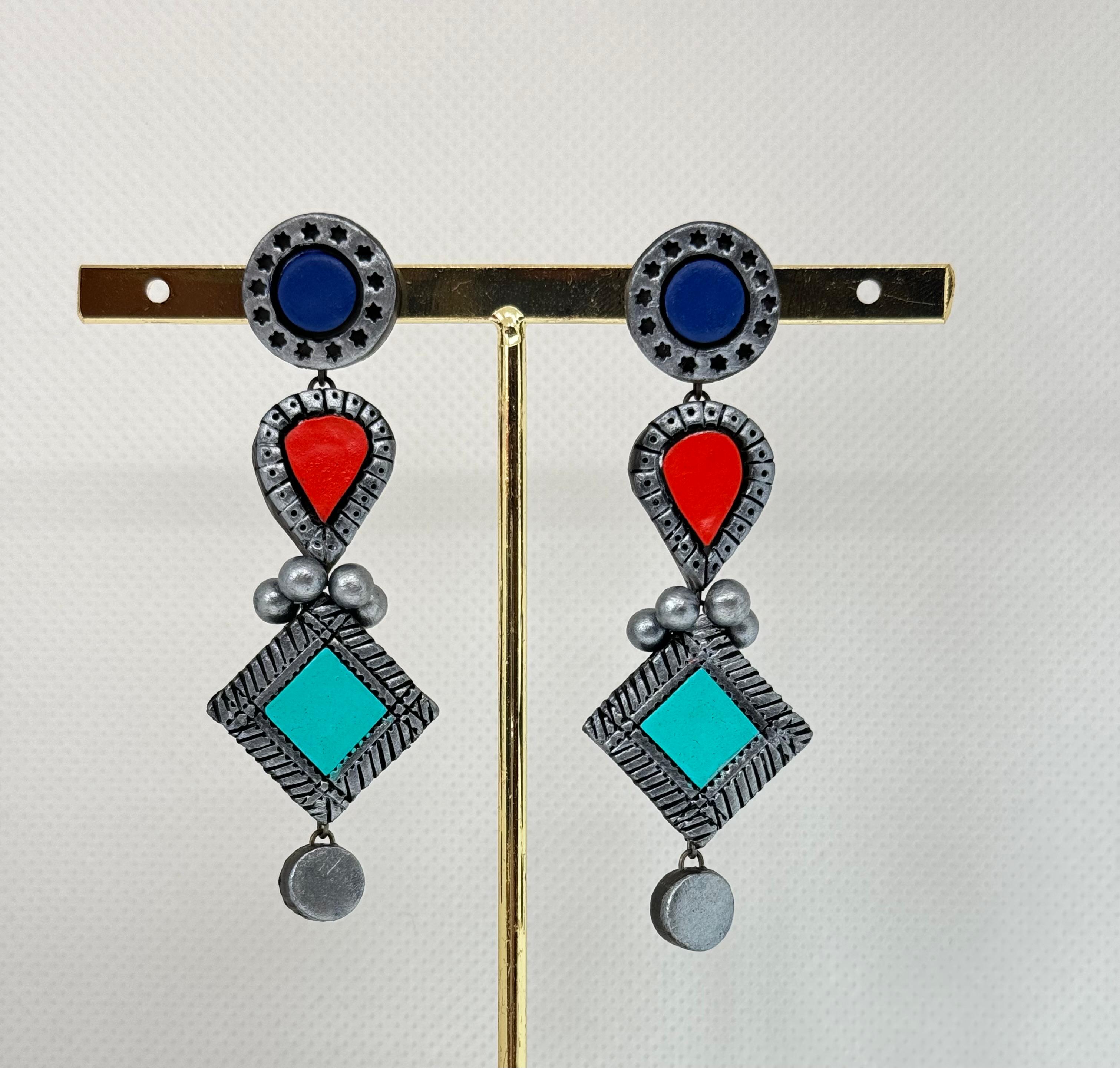 Antique Fusion Jhumkas made with different shapes and covered with sky blue red and blue color