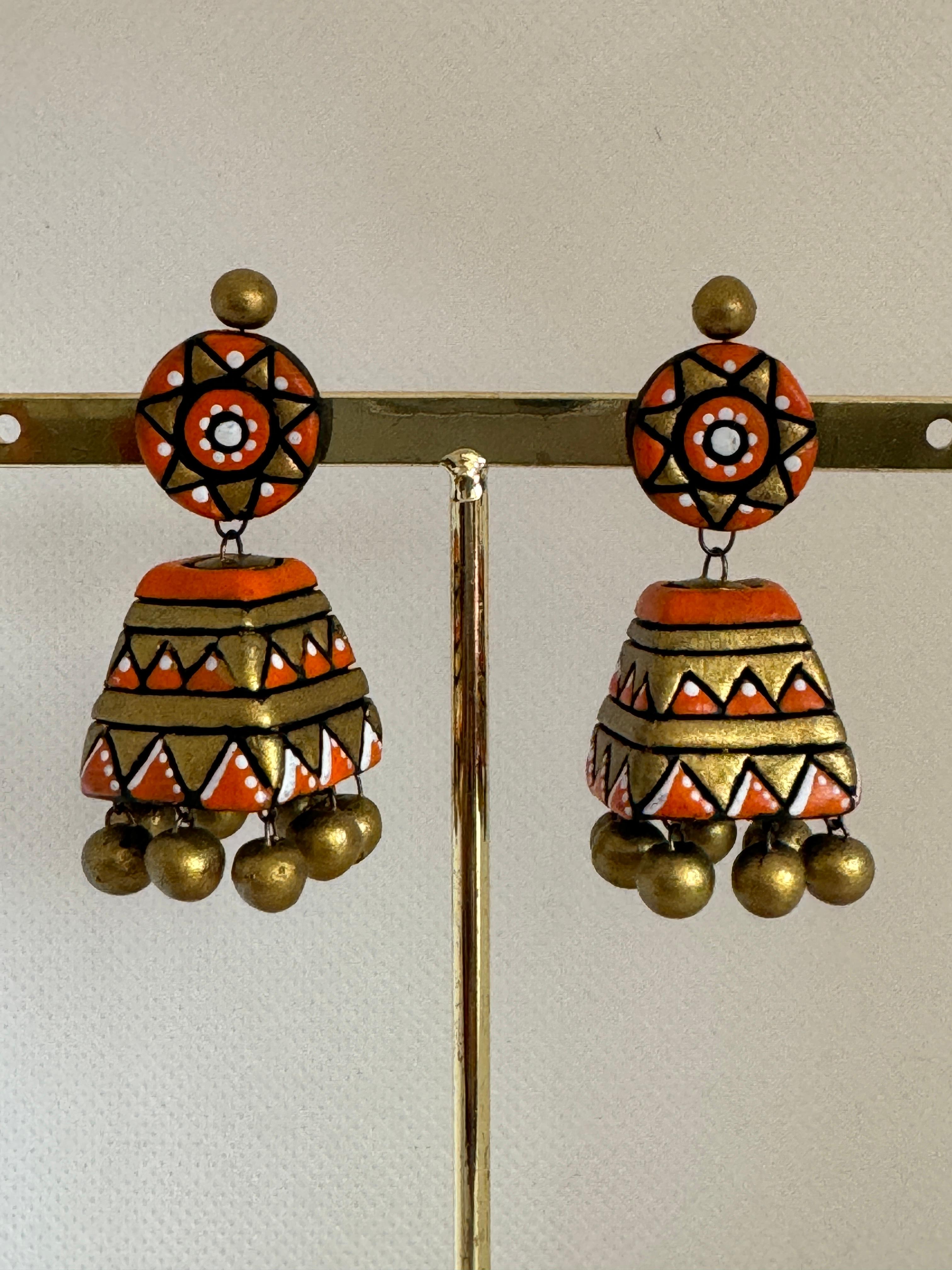 Antique Fusion Jhumka, Covered with orange, gold and white colors