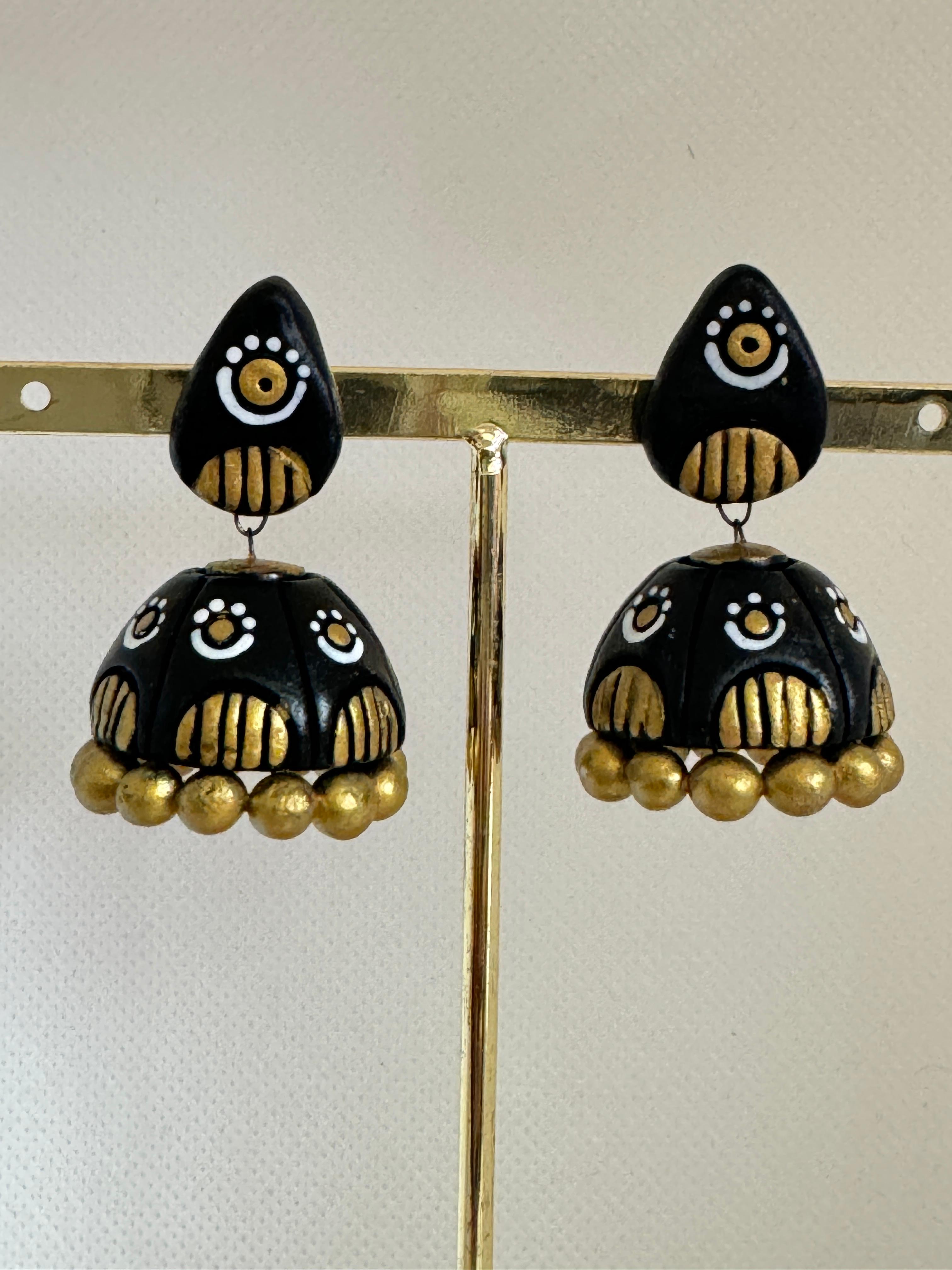 Antique Fusion Jhumka, Covered with black and gold white colors