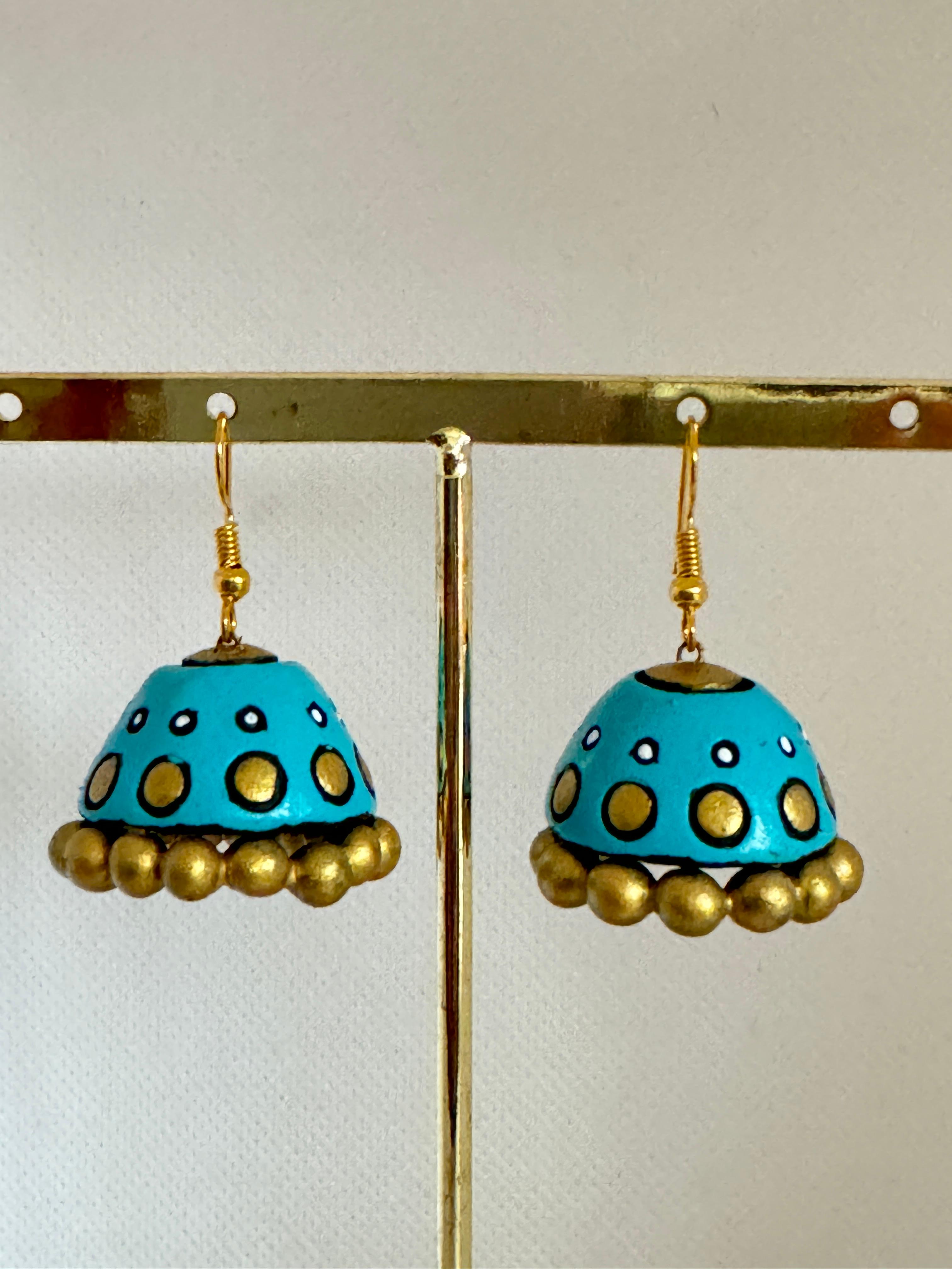 Antique Fusion Jhumka, Covered with sky blue and gold colors