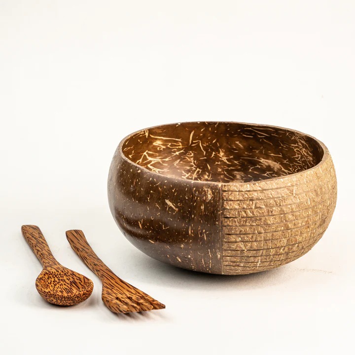 Semi carved ring bowl, Bowl with 2 different designs and 1 wooden spoon, 1 wooden fork